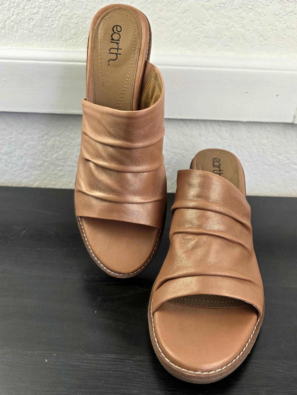 Earth Adara Slip On Dress Sandal, Ruched Mules With Stacked Block Heels